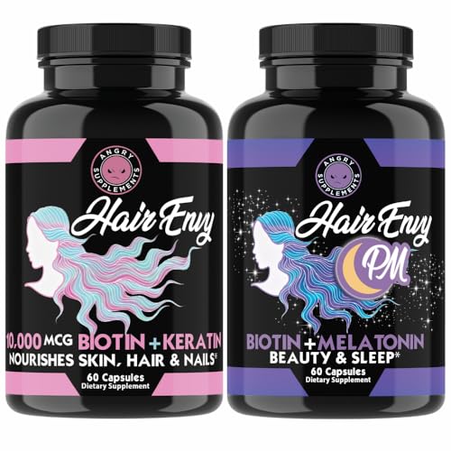 Hair Envy Day & Night Set – AM & PM Hair Health Routine with Biotin, Keratin, Melatonin, Magnesium & Calcium – Supports Stronger, Healthier Hair – 2-Pack – 120 Capsules