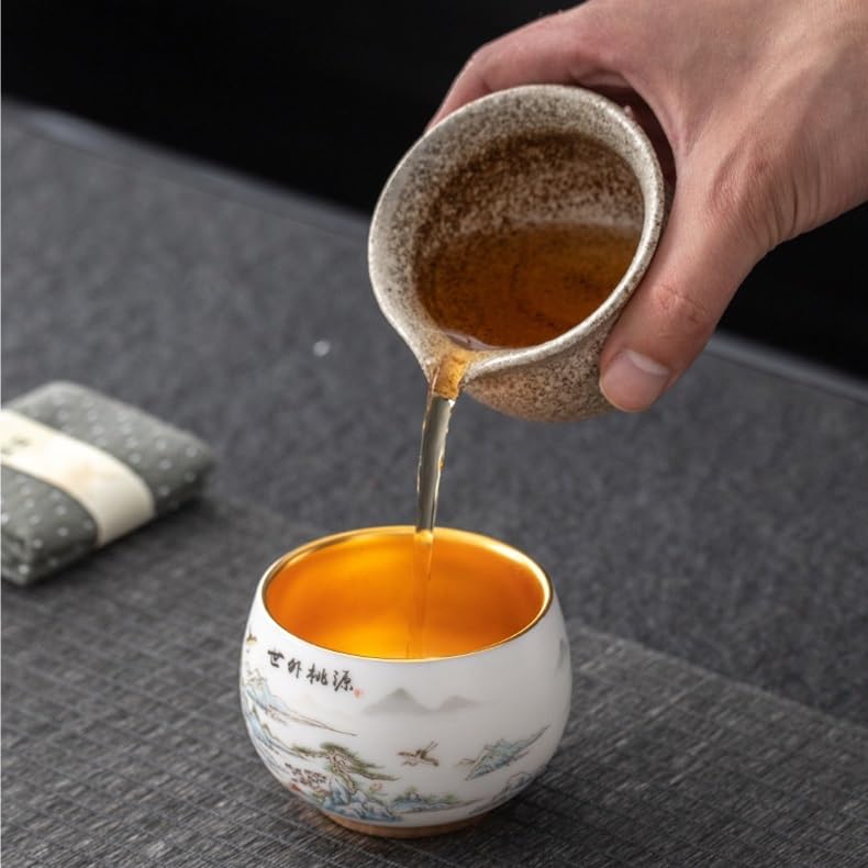 Keramik-Teetasse Weiße Porzellan-Teeschale, Jian Ware, kleine Teeschale, vergoldete Tasse, Holzblattschale, Tee-Probiertasse Tassen für Tee