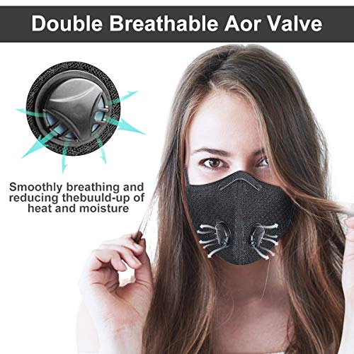 FamBrow Dust Mask with Filters, Washable Sports Face Mask with Breathing Valve & 6 Filters for Adults Running, Cycling, Allergy, Woodworking, Mowing, Outdoor Activities (Black)