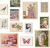 ASTRDECOR Pink Coquette Room Decor Aesthetic Pictures Set of 12, Vintage Eclectic Wall Art Prints for Bedroom, French Coquette Posters for Home Decor, Women Portrait Floral Painting, Maximalist Eclectic Gallery Wall Prints for Dorm 【Unframed】
