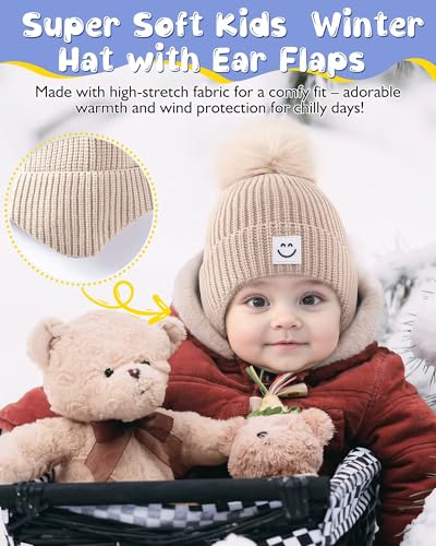 3 Pack Baby Winter Hats with Earflaps, 2 Size Kids Pom Pom Beanie for Infant Toddler Children, Smiley Face Hat for Girls Boys4