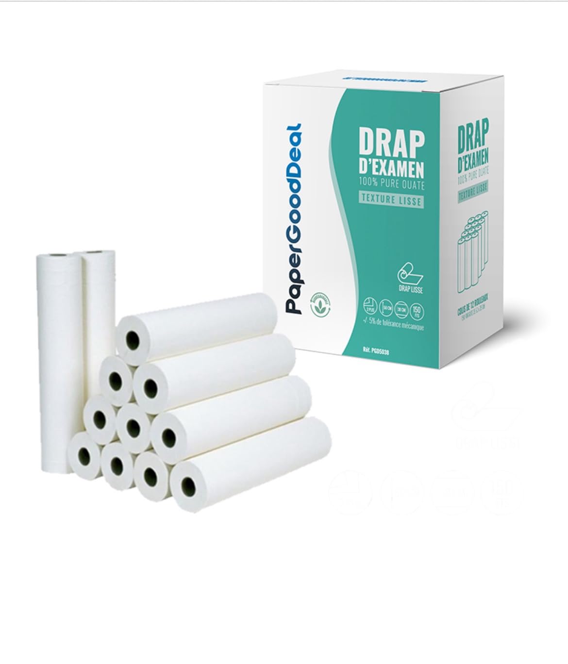 Rodillos de sábanas de examen para mesa médico-masaje-cuidado estético-ginecología-osteopático-spa 100% pura guata de celulosa 50cm 150 hojas precortadas cada 38cm cartón de 12 rollos lisos