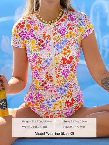 Image of CUPSHE Women's Rash Guard One Piece Swimsuit Short Sleeve Zip Up | Non-Removable Cups, Medium Support, Front Zip, Mock Neck, Fully Lined, UV Swim Shirt, Sporty Bathing Suit