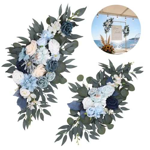 Dolltobe Kit de 2 flores artificiales de arco de boda, arreglo floral azul, decoración rústica de arco de boda, arreglo floral colgante de puerta delantera para decoración del hogar, fiesta, cafetería