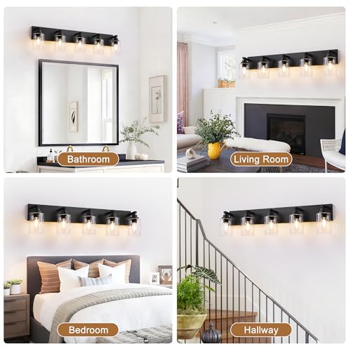 Image of 5-Light Matte Black Bathroom Vanity Light, Clear Glass Shade | 35.4 inch Wall Mount Over Mirror Lighting Fixtures, Durable Metal, Modern Farmhouse Style, for Bathroom, Bedroom, Easy To Install
