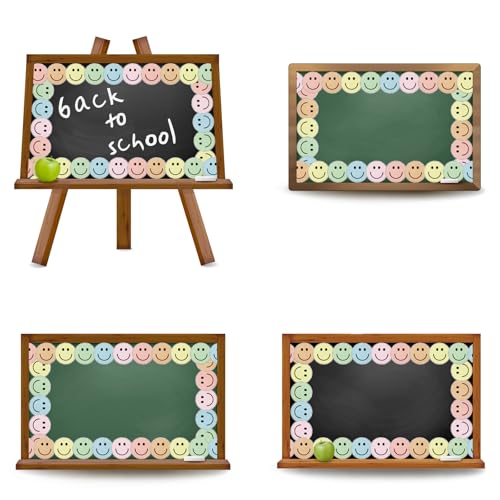 Image of Whaline 32.8 Ft Boho Happy Face Bulletin Board Border Pastel Smile Face Die-Cut Border Trim with Silver Edge for Back to School Chalkboard Wall Decoration