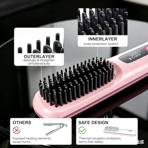 Image of Go Brush Pro Cordless Hair Straightener Brush (2026 Upgrade), Mini Portable Rechargeable Straightening Comb, 20s Fast Heat, 3 Temp Settings, Ionic & Ceramic Care, 4000mAh USB-C, Travel Friendly, Frizz-Free Styling