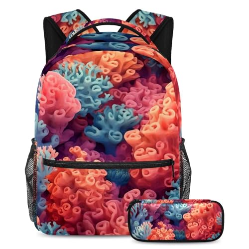Cartable esthétique corail grand volume avec trousse de rangement pour étudiant