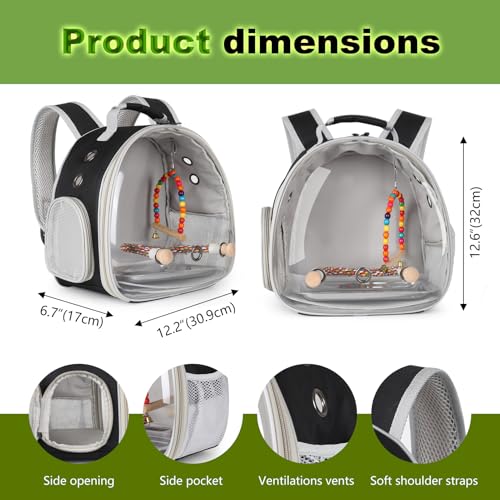 Image of Portable Parrot Travel Cage Carrier with Small Swing Toy&Cage Colorful Toys Set Small Bird Parakeet Bag with Standing Perch Bird Carry Transport Bag (Black, Backpack /Swing)