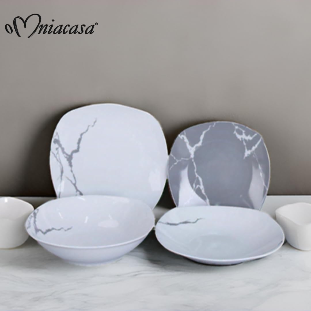 Servizio Piatti 38 Pezzi Per 12 Persone | Resistente Porcellana Bianca e Grigia Design Moderno Marmorizzato Elegante Raffinato | Uso Quotidiano, Occasioni Speciali, Lavabile in Lavastoviglie