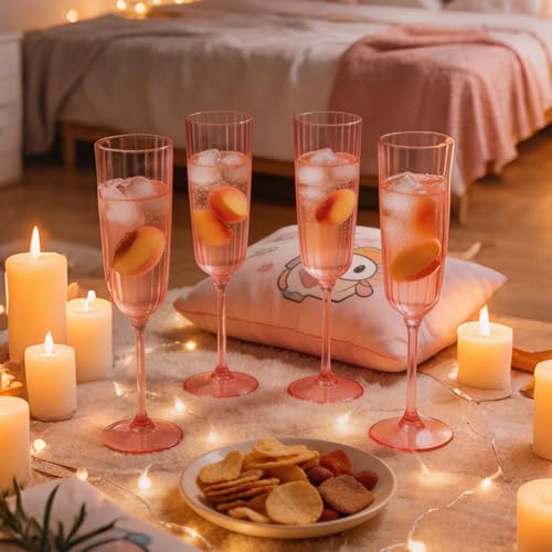 12 Pack Detachable Ribbed Clear Pink Champagne Flutes 6.5oz Reusable Champagne Coupe Glasses Cocktail Drinkware Stemware Wedding Toasting Cups for Bridal Shower, 3-Piece Design by Cyrix - Used condition - Image 6