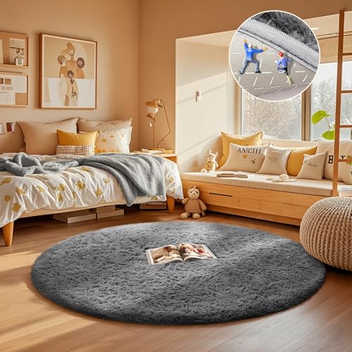 Ophanie Round Rug 4Ft Grey Circle Area Rug, Fluffy Fuzzy Bedroom Carpet, Plush Soft Shaggy Indoor Floor Gray Living Room Rugs for Kids Home Decor Aesthetic, Nursery