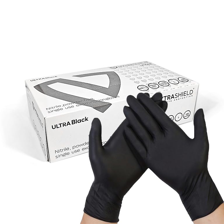 NYTRASHIELD Ultra Black Nitrile Gloves - Multi-Purpose Examination Gloves, Powder free and Latex Free Disposable Gloves - Medical, Food Grade Multi-Use Gloves - Box of 100 Gloves (Ultra Black, S)
