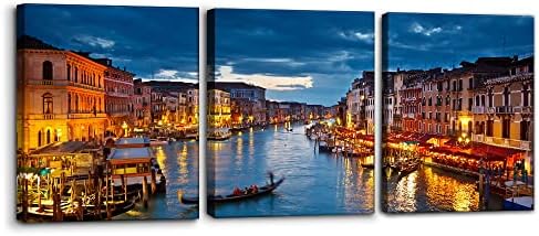 Pacimo 3 Piece Venice Night View Giclee Canvas Prints Wall Art Italy Venice Grand Canal at Night Picture Painting Print on Canvas Poster Modern Artwork Stretch and Framed Ready to Hang -12" x 16" x 3