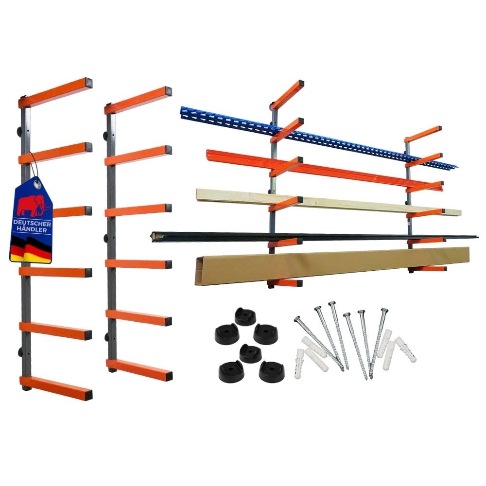 PROREGAL Étagère Cantilever Montage Mural Charge maximale 50 kg par Niveau pour Le Stockage du Bois avec 6 Niveaux Organisateur de Garage Gris-Orange 2 pièces métallique Étagère à Bras portants
