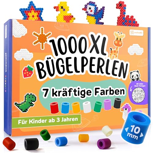 molinoRC Große Bügelperlen 10mm [1000er Nachfüll Pack] in 7 KRÄFTIGEN Farben - mit 30+ VORLAGEN-Download - XL Bügelperlen - Steckperlen groß ab 3 Jahren für einfaches Bügeln & Basteln - Maxi Perlen