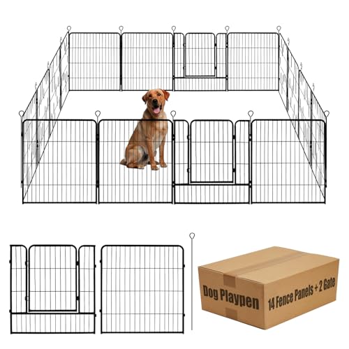 Dog Playpen,32 in(H) Pet Fence Outdoor for Rv Camping,Garden Fence Animal Barrie for Yard,Total 16 Panels with Gate 37.3Ft(L) Black Metal Temporary Fencing