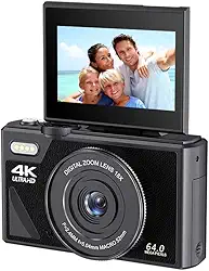 Câmera digital de 64 MP para fotografia e vídeo: câmera vlogging 4K para YouTube com tela flip de 7 cm e cartão TF de 32 GB, câmera digital com zoom digital 16X para presente (preto)