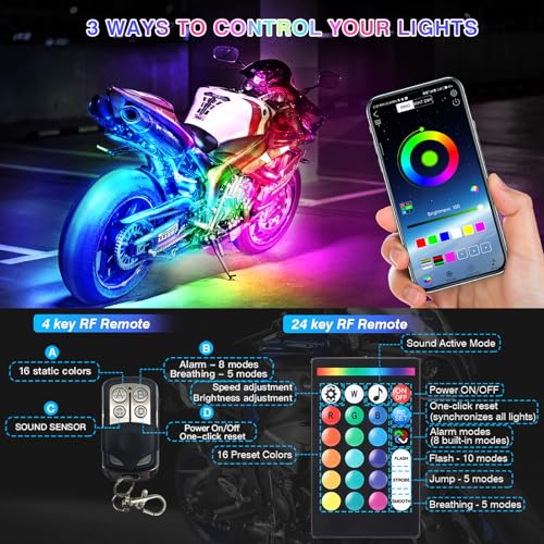 Image of 8PCS Segmented Motorcycle RGB LED Light Kits with APP /RF Remote, Multicolor Underglow Lights with Brake Turn Signal, 12V Waterproof Strip for Sport Bike, Cruiser, Street & Dirt Motorcycle