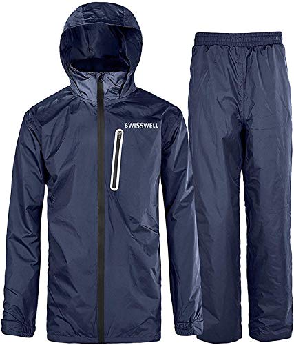 Rain Suit Gear Coat for Men Waterproof Hooded Rainwear Jacket & Trouser Navy Large