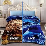 YHSF Korean Faux Mink Blanket - 2 Ply Thick & Soft Reversible Printed Plush Winter Throw - Warm Cozy Silky Raschel Blanket - Easy Care, Fade Resistant - Dolphin/Lion, Queen, 5 LB, 87 in x 75 in