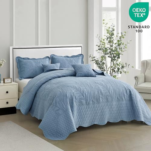 Image of Bedspread oversized Full 96x110,Beautiful Leaf Stitching,5 PC, Ashley Blue