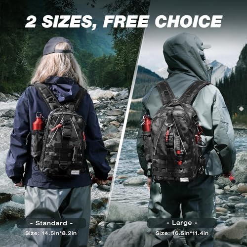 Ghosthorn Fishing Backpack with Rod Holder, Fishing Tackle Sling Bag, Lightweight Fish Storage Tackle Box Fly Fishing Gifts for Men Women Child (Black Camouflage) - 5