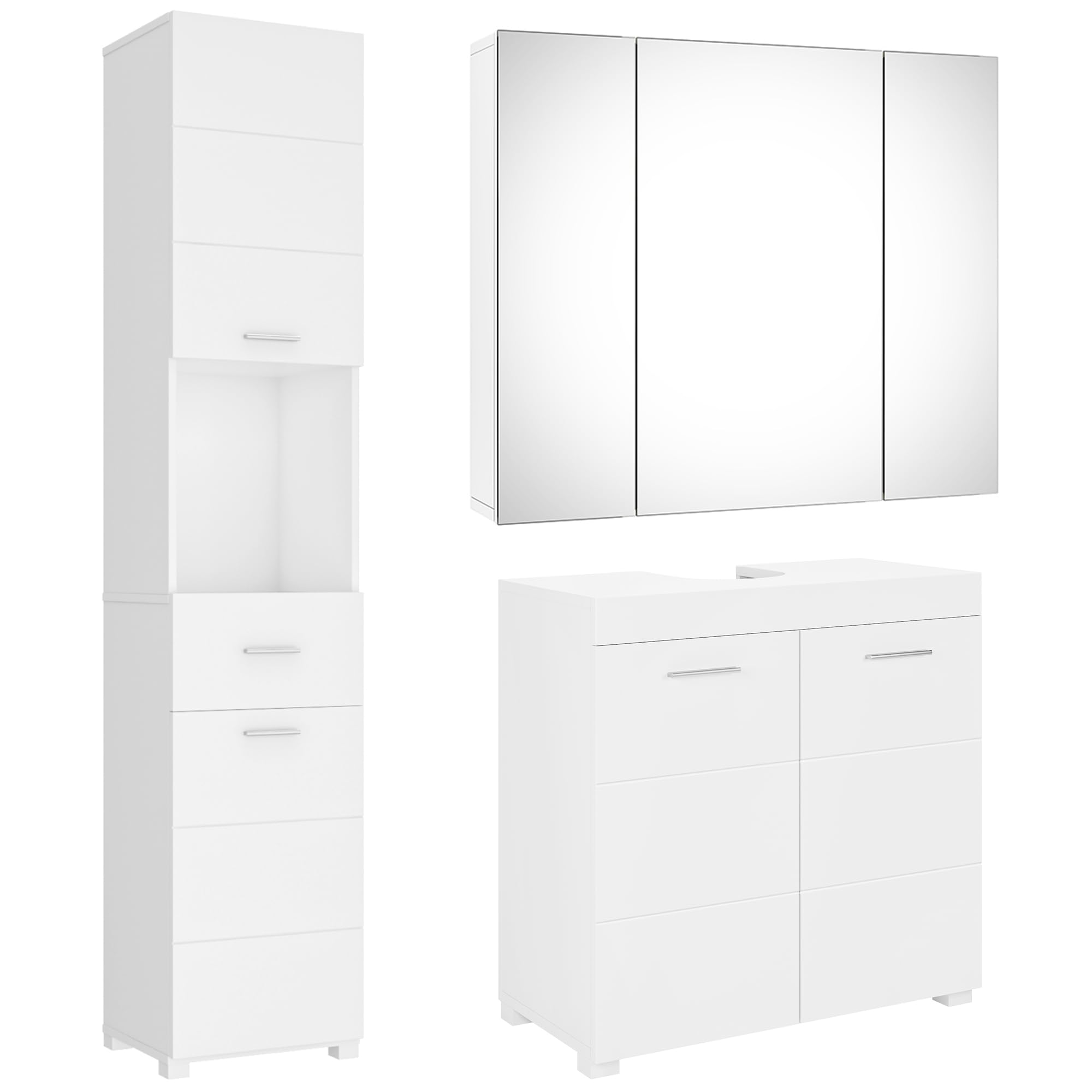 FOREHILL Badmöbel Set weiß, 3 Teile, mit Waschbeckenunterschrank, Hochschrank, Spiegelschrank