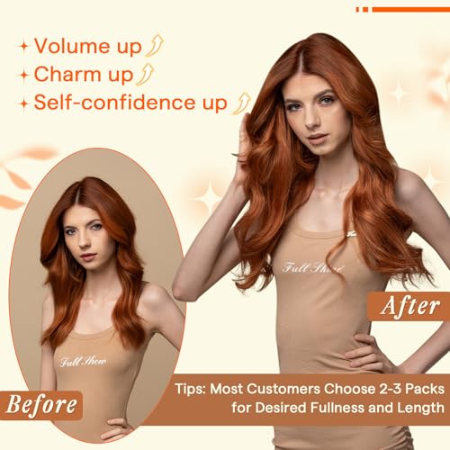 Image of Full Shine Butterfly Weft Hair Extensions Human Hair 16 Inch 50G Ginger | Thin Double Sided Genius Weft, Invisible PU Hole Design, Micro Bead Wear for Women, Seamless Blend Fix