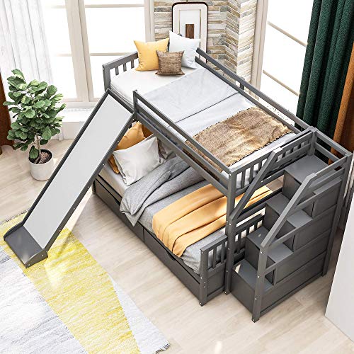 Harper & Bright Designs Wood Bunk Bed Twin Over Full with Slide and Storage Stiars for Saving Space, Multifunction Bunk Beds Frame for 2, No Box Spring Needed, Gray - Thumbnail 5