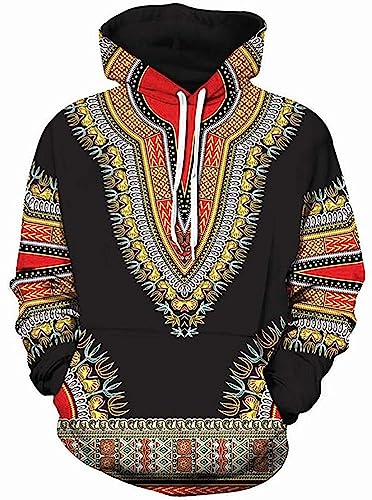 HTHCHENG Unisex Dashiki Hoodie 3D Print African Ethno Langarm Pullover Sweatshirt, Schwarz, XXL/3XL