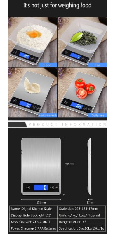 Báscula de cocina digital de acero inoxidable de 15 kg/1 g