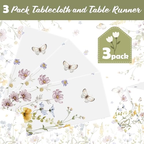 Image of Ganeen 3 Pcs Floral Tablecloth Wildflower Butterfly Disposable Plastic Tablecloth Rectangle Table Covers for Summer Spring Holiday Weeding Birthday Tea Party Supplies and Decoration, 54 x 108 Inch