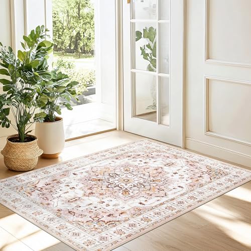 Madane Washable Area Rug 2x3, Small Entryway Rug Non-Slip Vintage Door Mat Indoor Entrance, Low Pile Floor Carpet for Inside Front Door Bedroom Kitchen Entry Laundry (2'x3', Pink)
