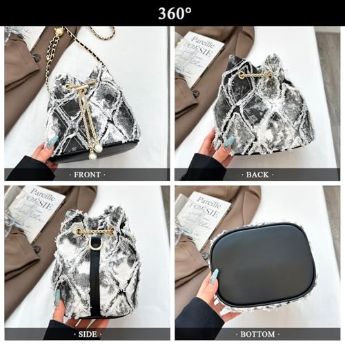 Image of Denim Bucket Bag Quilted Drawstring Jean Purses for Women Denim Clutch Hobo Bags Crossbody Handbag