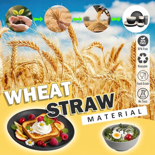 Image of Wheat Straw Dinnerware Sets 16 PCS - Unbreakable Kids Plates and Bowls Sets for 4,Dishwasher & Microwave Safe Modern Lightweight Toddler Plates and Bowls Set for RV,Travel,Camping - Grey Stone