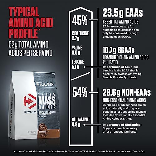 Image of Dymatize Super Mass Gainer Protein Powder, Rich Chocolate, 52g Protein, 1g Creatine, 1280 Calories, 10.7g BCAAs, 245g Carbs, Contains Whey Protein Powder, Isolate, and Casein (16 Servings) (Pack of 2)