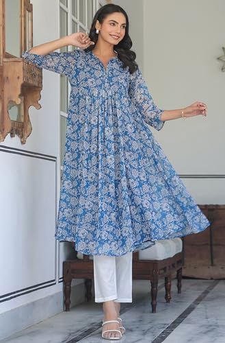 Image of Janasya Women's Chiffon Lurex Floral Printed A-line Kurta
