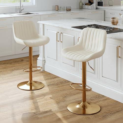 Set de 2 Butacos Kiztir de Terciopelo Beige con Base Dorada Modernos con Respaldo y Descansapiés Ajustables para Barra de Cocina miniatura 2