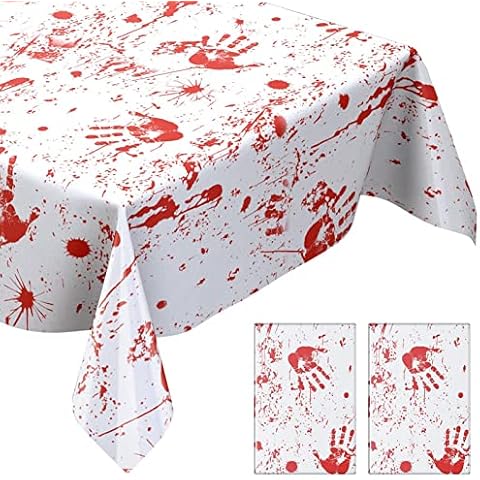 Halloween Bloody Handprint Tablecloth, 2 Pack Bloody Handprints Splatter Disposable Plastic Table Cover, 54 x 108 inches Creepy Themed Zombie Bloody Decorations Handprints Tablecovers Cover