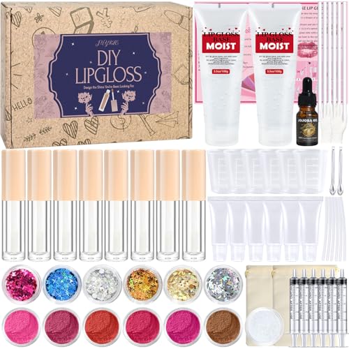 JUYRLE Lip Gloss Making Kit- Make Your Own LipGloss Kit for Women 62Pcs DIY Lipstick Set with Moisturizing Lip Gloss Base Pigments Tubes Lip Gloss Set for Teens Christmas Gift for Girls Women