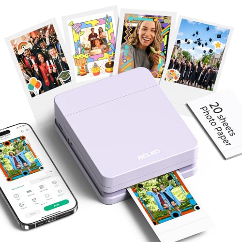 Nelko Photo Printer, 2x3 Portable Wireless Smartphone Printer, PP01 Mini Color Instant Inkjet Printer, Sticky-Back Photos, Bluetooth Compatible with iOS & Android, App Editing, Purple
