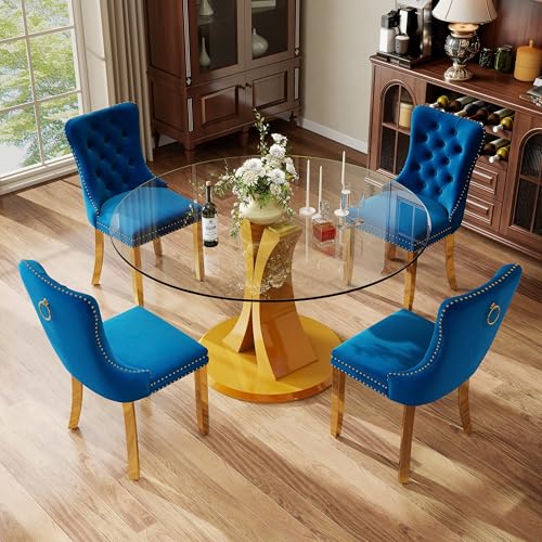 Image of 5-Piece Dining Table Set with 47In Tempered Glass Table and 4 Velvet Upholstered Chairs, Modern Scandinavian Furniture for Dining Room Kitchen(Blue&Gold)