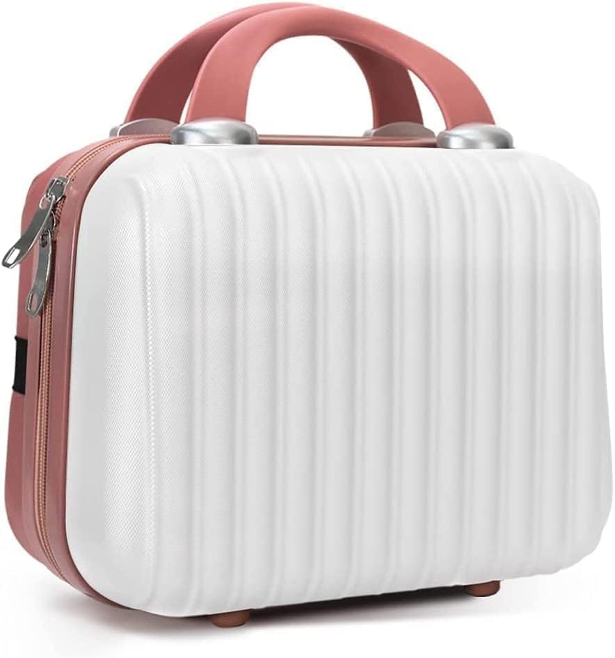 MAPPLE CREATION Polyester Makeup Travel Case Hard Shell Cosmetic Bag Small Portable Makeup Bag Hand Luggage with Elastic Band Mini ABS Carrying Suitcase for Women Girls, White&Rosegold