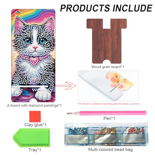 Image of Cute Cat Diamond Painting Phone Stand with Mirror, DIY Wooden Diamond Art Desktop Holder, 2-in-1 Multi-Functional Diamond Painting Tabletop Ornament for Home and Office