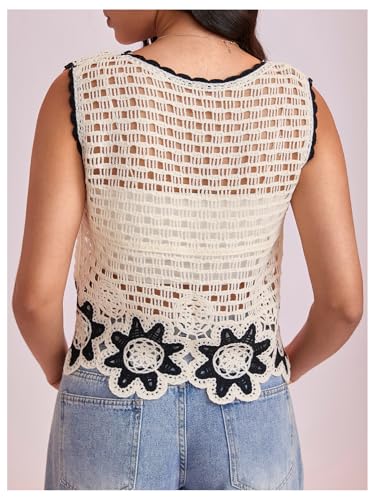 WDIRARA Women's Crochet Knit Sweater Vest Floral Hollow Out Crew Neck Sleeveless Tank Tops Knitwear3