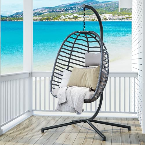 Lvifur Hängesessel mit Gestell,Hammock Chair Belastbar bis 160kg,Hängestuhl Outdoor mit Weicher Sitzkissen,Hängeschaukel für Garten,Balkon und Wohnzimmer- Grau