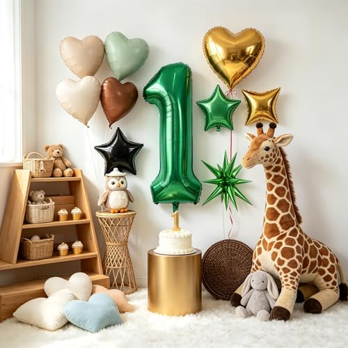 Image of TONIFUL 1st Birthday Balloons 40 Inch Green Large Number 1 Foil Balloon 18 Inch Helium Mylar Heart Star Shaped Ballons for Boys Men Birthday Anniversary Graduation New Year Eve Party Decoration
