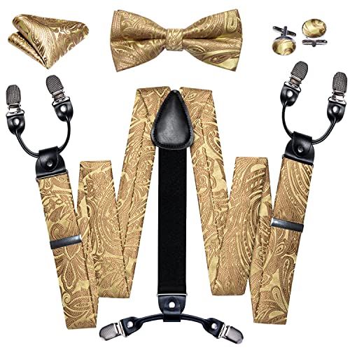 Image of YOHOWA Men Suspenders 6 Clips Strength Adjustable Y Braces Pre-Tied Bow Tie Set Formal Wedding Party