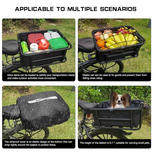 RAYMACE Rear Rack Bike Basket with Cargo Net and Liner Large Bicycle Basket Perfect Mount for Electric Bike